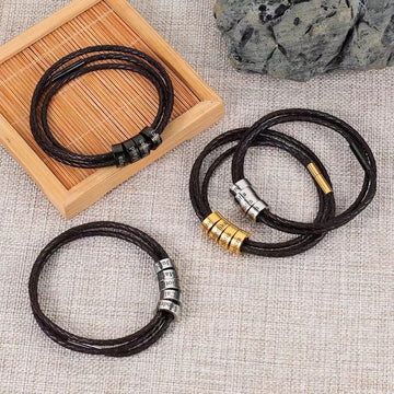 Personalized Men Genuine Leather Stainless Steel Bead Bracelet - Personalized Bracelet - Ornaments Co - Ornaments Co - Black - 7 inches - 1