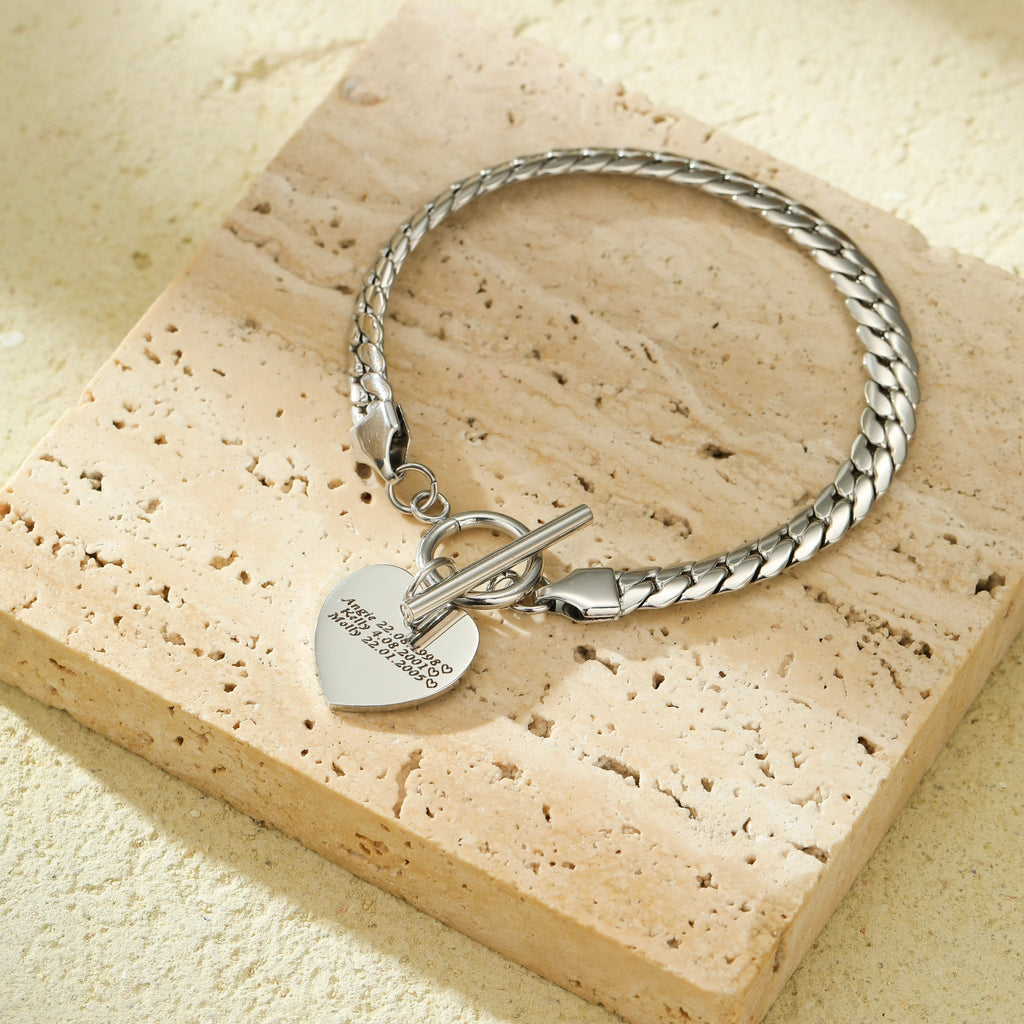 Snake Bone Chain Engraving Heart Bracelet - Ornaments Co - 18K Gold Plated