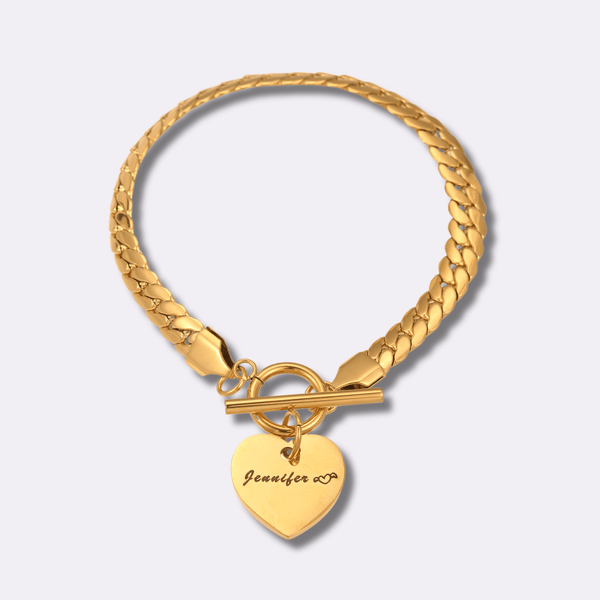 Snake Bone Chain Engraving Heart Bracelet - Ornaments Co - 18K Gold Plated